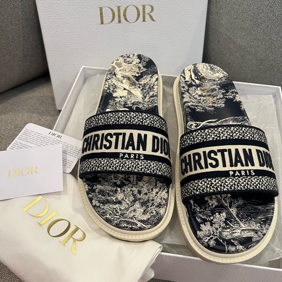 Price Firm NEW Christian Dior DWAY Blue Toile de Jouy Slide Sandals - Picture 15 of 15